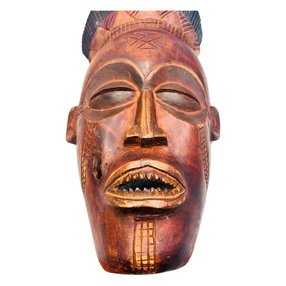Large Vintage Wooden African Warrior Mask Wall Decor Hand Carved 16" x 9" - Picture 2 of 8